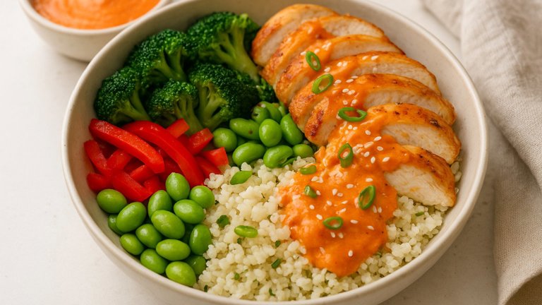 Lunch &Mdash; 600 Kcal ⚡ Firecracker Chicken Power Bowl Category: Lunch Servings: 1 Prep Time: 10 Minutes Cook Time: 15 Minutes Difficulty: Easy Description: A Spicy Asian-Inspired Chicken Bowl Loaded With Lean Protein, Crunchy Vegetables And Cauliflower Rice, Finished With A Fiery Yogurt-Sriracha Sauce.