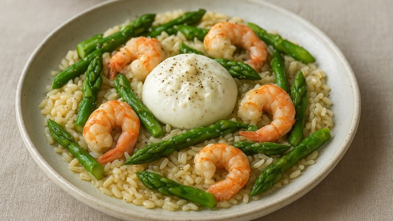 ACQUERELLO RICE with LANGOUSTINES, ASPARAGUS and BURRATA