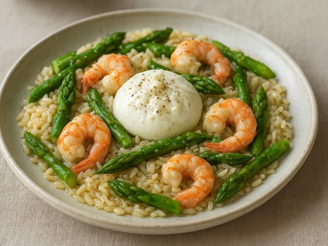 Acquerello RICE With Langoustines, Asparagus And Burrata