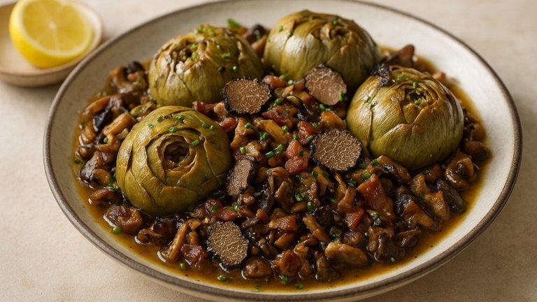 ARTICHOKES with WILD MUSHROOMS, TRUFFLE and SERRANO HAM
