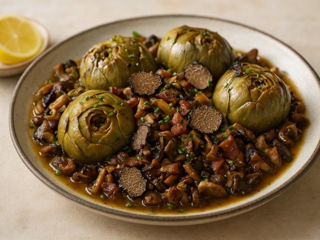 Artichokes With WILD Mushrooms, Truffle And Serrano HAM