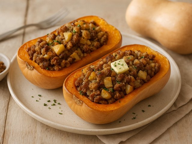 Baked Butternut Squash Stuffed With Sausage And Apples
