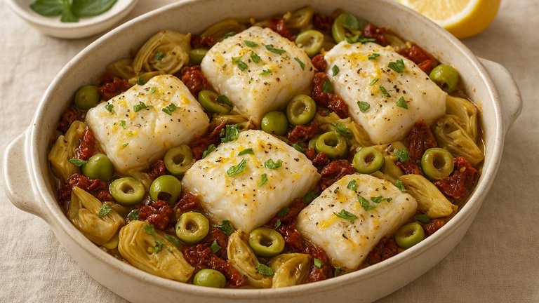 Baked COD: With Artichokes, Sun-Dried Tomatoes, And Olives