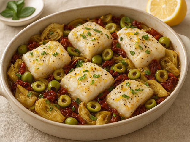 Baked Cod: With Artichokes, Sun-Dried Tomatoes, And Olives
