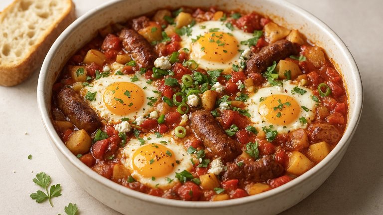 Baked EGGS WITH Tomatoes, Sausage, AND Farmer Cheese