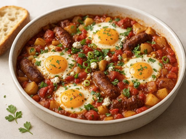 Baked EGGS WITH Tomatoes, Sausage, AND Farmer Cheese