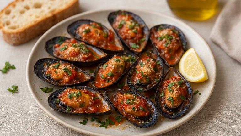 Baked Mussels With Tomato, Parmesan And Basil
