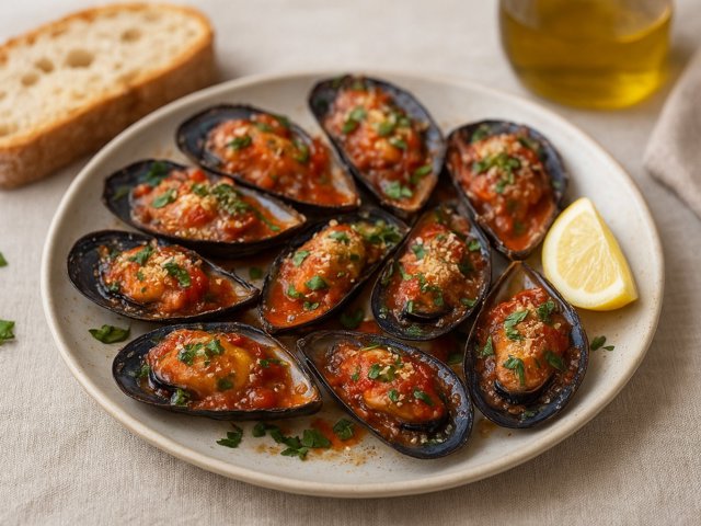 Baked Mussels With Tomato, Parmesan And Basil