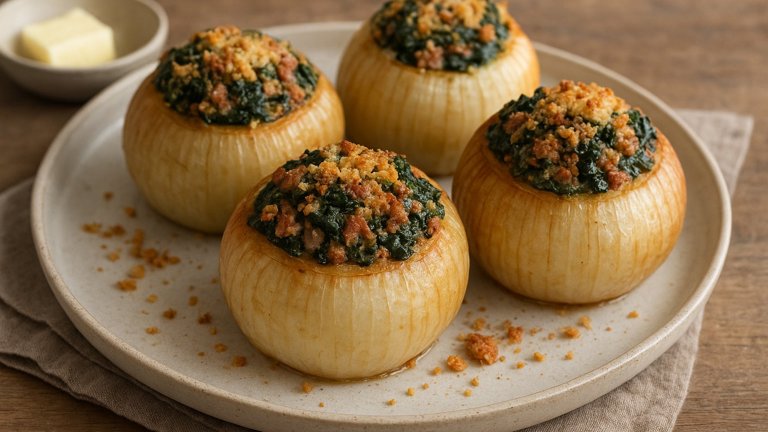 Baked Onions Stuffed With Spinach And Sausage
