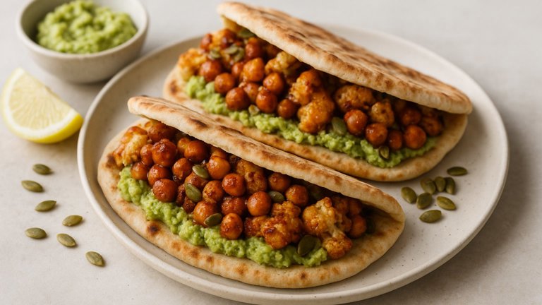 BBQ Chickpea & Cauliflower Pitas With Avocado Mash