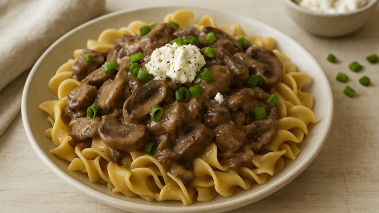 Beef Mushroom Stroganoff with Goat Cheese
