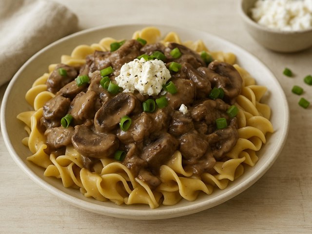 Beef Mushroom Stroganoff with Goat Cheese