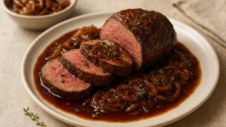 BEEF Tenderloin WITH Caramelized Onion–red WINE Sauce