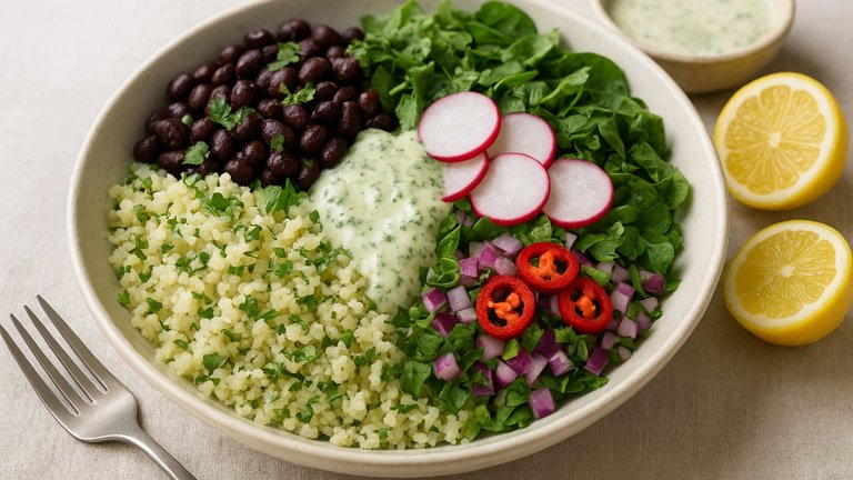 Black Bean & Cilantro-Lime Cauliflower Rice Bowl With Creamy Herb Dressing