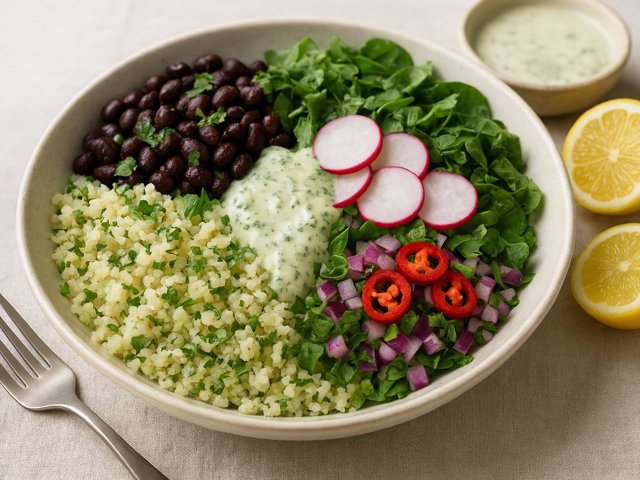 Black Bean & Cilantro-Lime Cauliflower Rice Bowl With Creamy Herb Dressing