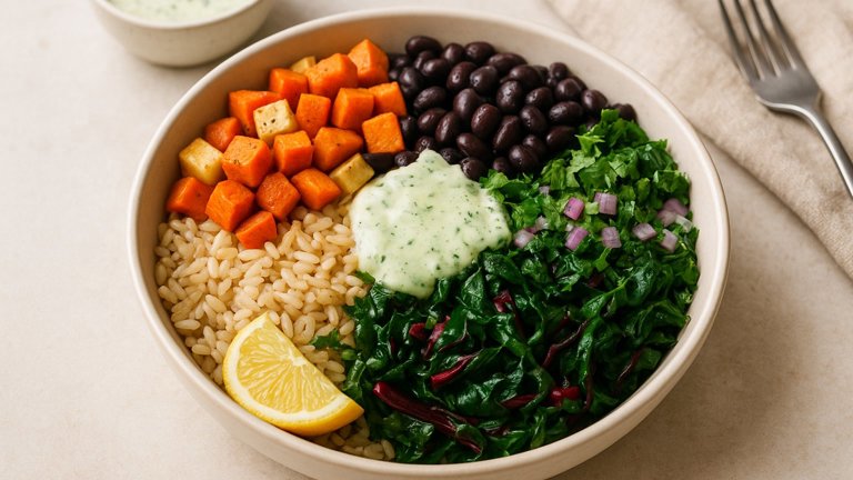 Black Bean & Root Vegetable Bowl With Creamy Herb Dressing