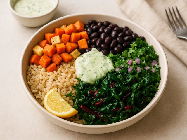 Black Bean & Root Vegetable Bowl With Creamy Herb Dressing