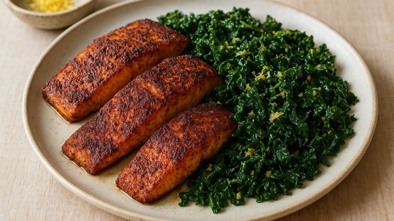 Blackened Salmon With Cajun Garlicky Kale