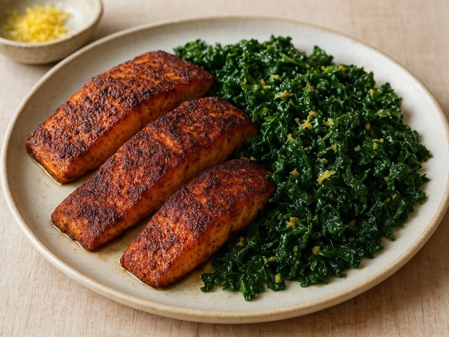 Blackened Salmon With Cajun Garlicky Kale