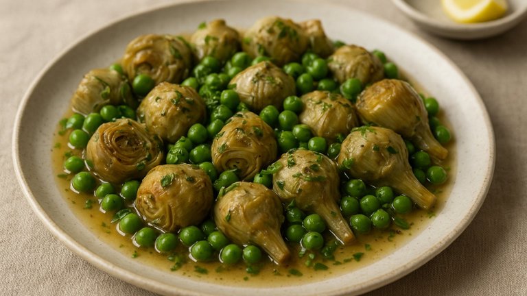Braised Baby Artichokes And Peas