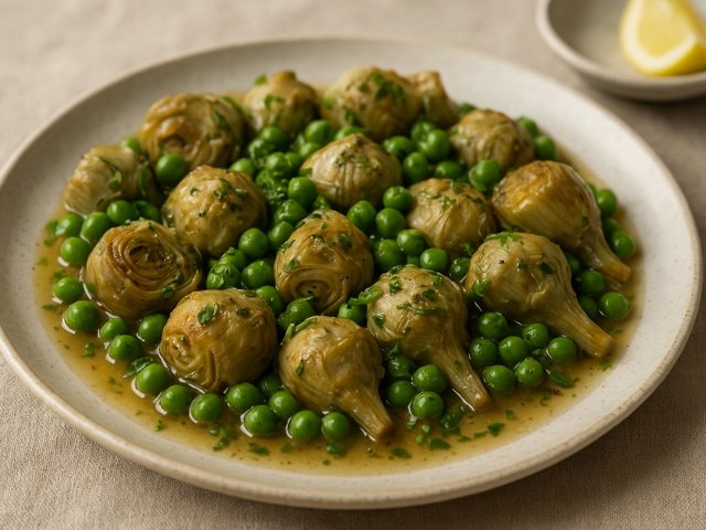 Braised Baby Artichokes And Peas