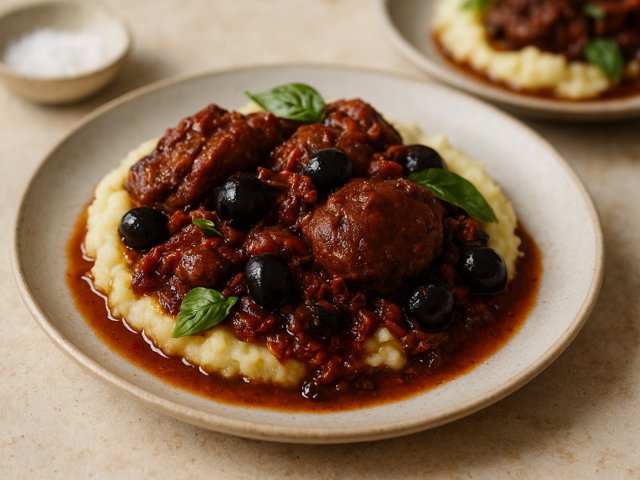 Braised Pigs’ Cheeks With Black Olives And Sun-Dried Tomatoes