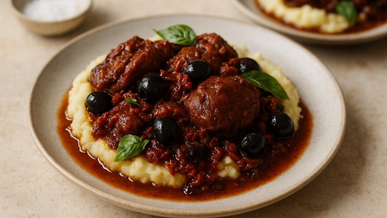 Braised Pigs’ Cheeks With Black Olives And Sun-Dried Tomatoes