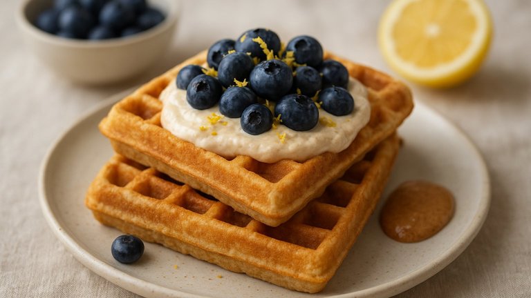 Breakfast -550 Kcal 🫐 Blueberry Lemon Protein Cheesecake Waffles
