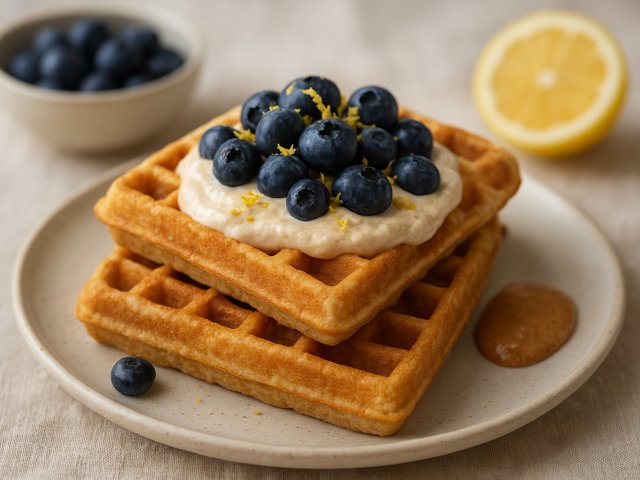 Breakfast -550 Kcal 🫐 Blueberry Lemon Protein Cheesecake Waffles