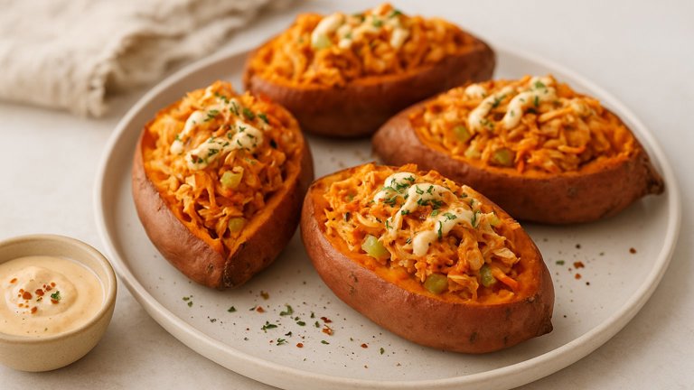Buffalo Chicken Stuffed Sweet Potatoes
