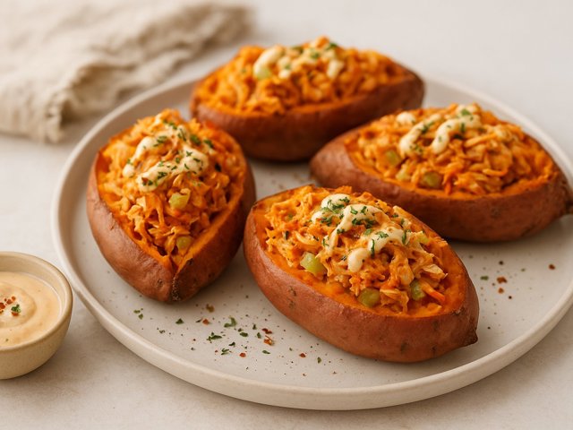 Buffalo Chicken Stuffed Sweet Potatoes