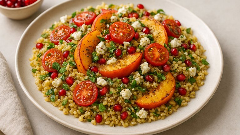 BULGUR and PEACH SALAD with FETA, POMEGRANATE and ZA’ATAR