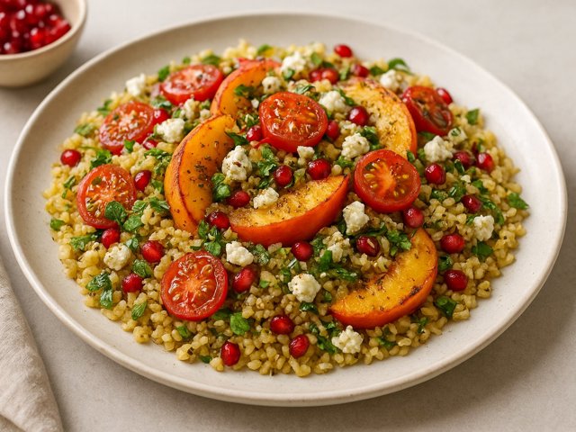 BULGUR and PEACH SALAD with FETA, POMEGRANATE and ZA’ATAR