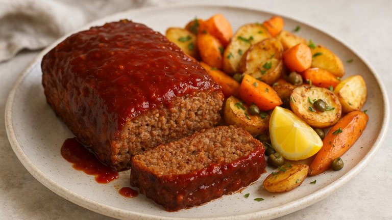Calabrian Chile-Glazed Meatloaf With Lemon-Caper Roasted Vegetables