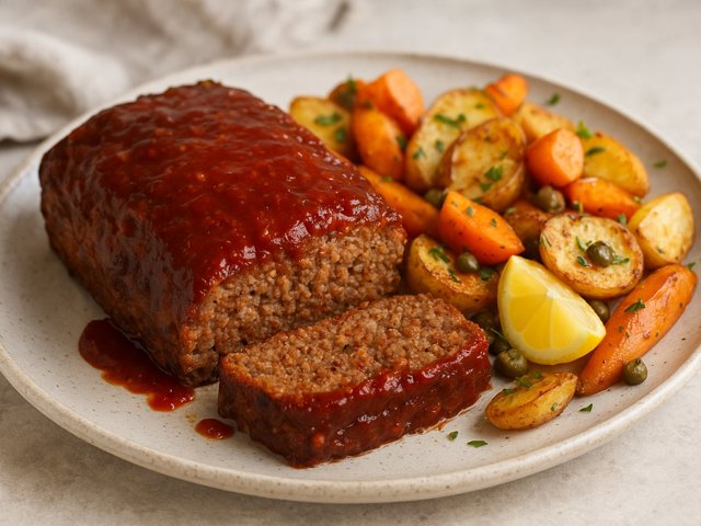 Calabrian Chile-Glazed Meatloaf With Lemon-Caper Roasted Vegetables