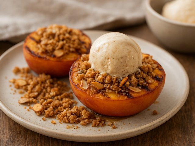 Campfire Peaches With Sourdough Streusel And Brown Sugar–vanilla Ice Cream
