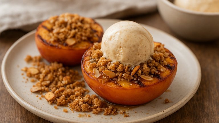 Campfire Peaches WITH Sourdough Streusel AND Brown Sugar–vanilla ICE Cream