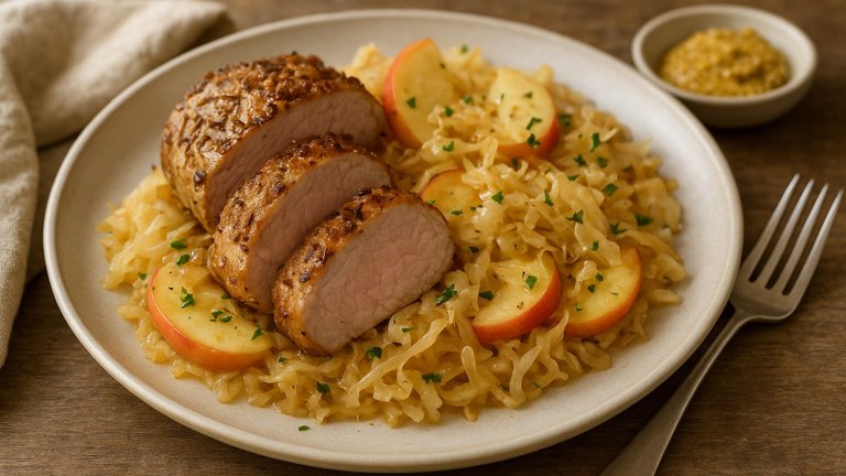 Caraway-Crusted PORK Tenderloin: With Sauerkraut And Apples