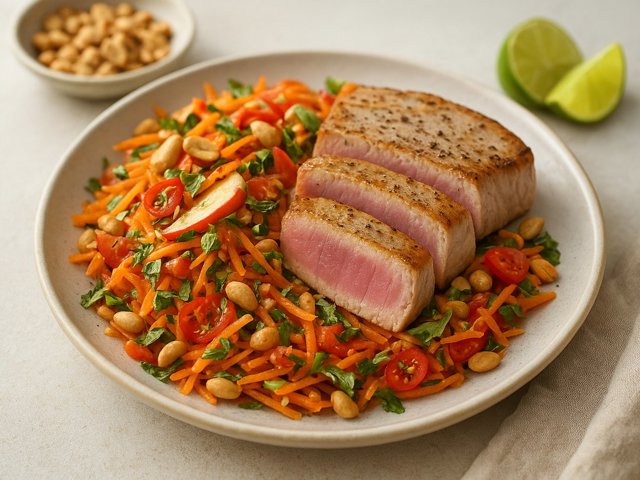Carrot, Apple & Black Pepper Salad With Seared Tuna