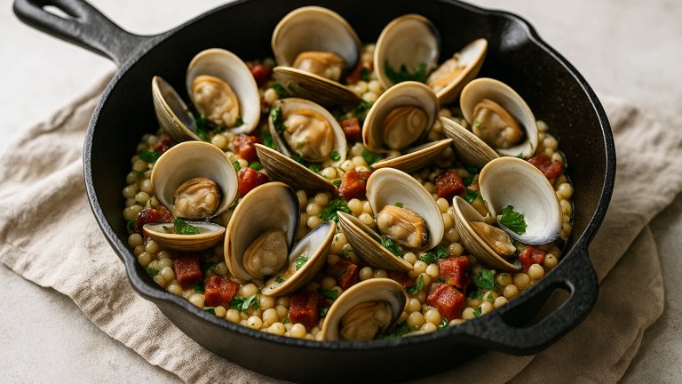 Cast Iron Clams with Pearl Couscous and Chorizo