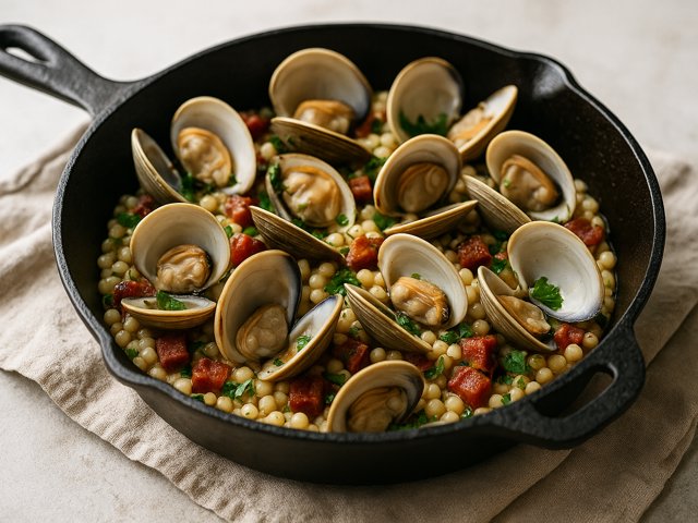 Cast Iron Clams with Pearl Couscous and Chorizo