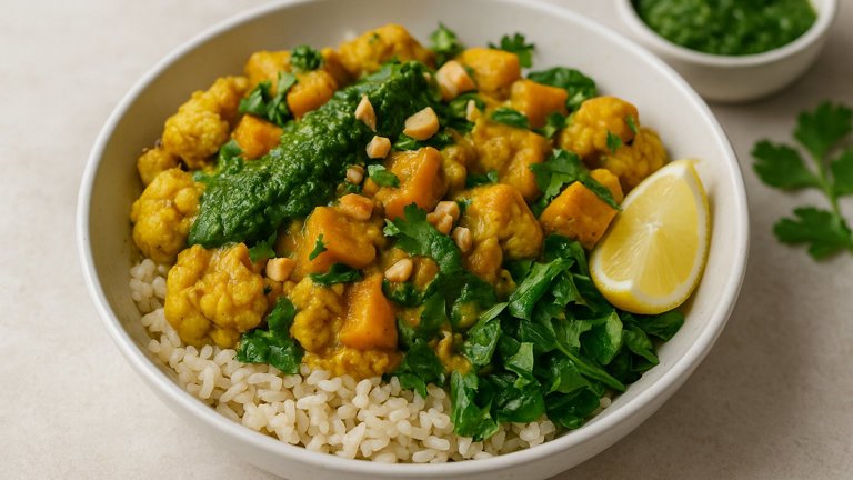 Cauliflower & Butternut Squash Korma Bowl With Cilantro Chutney