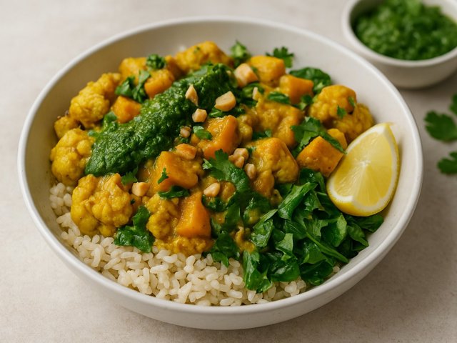 Cauliflower & Butternut Squash Korma Bowl With Cilantro Chutney