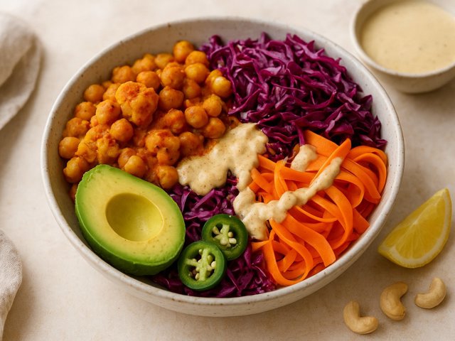 Cauliflower-Chickpea Curry & Avocado Bowl With Spicy Cashew Dressing