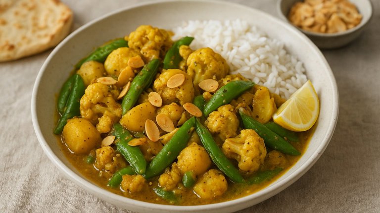 Cauliflower, Sugar Snap And Almond Curry