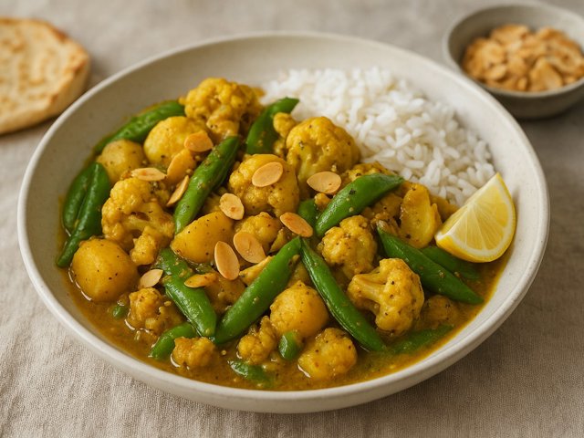 Cauliflower, Sugar Snap And Almond Curry
