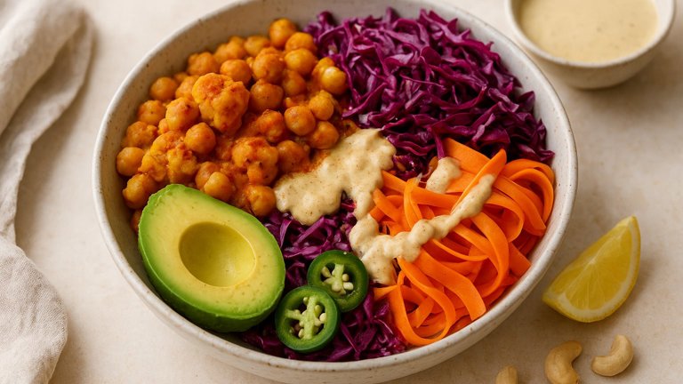 Cauliflower-Chickpea Curry & Avocado Bowl With Spicy Cashew Dressing
