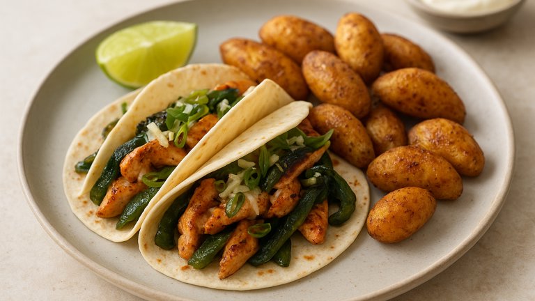 Cheesy Chicken & Poblano Tacos with Mexican-Spiced Fingerlings