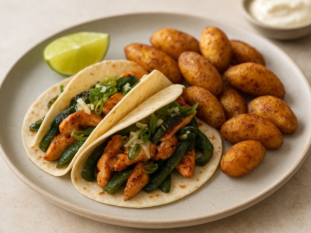 Cheesy Chicken & Poblano Tacos with Mexican-Spiced Fingerlings