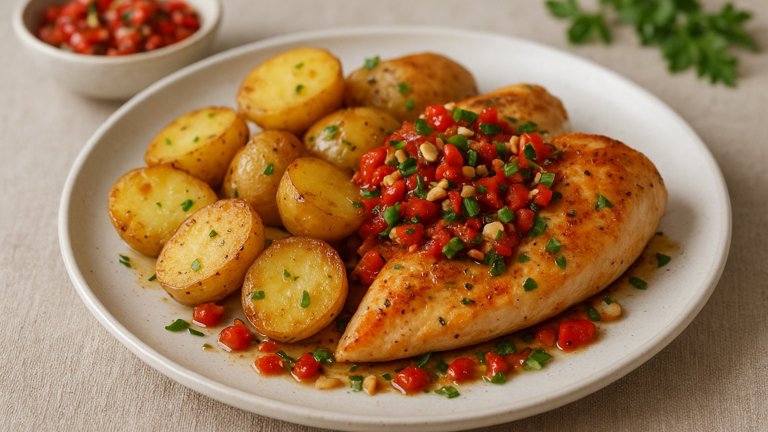 Chicken & Garlic Potatoes With Red Pepper Relish